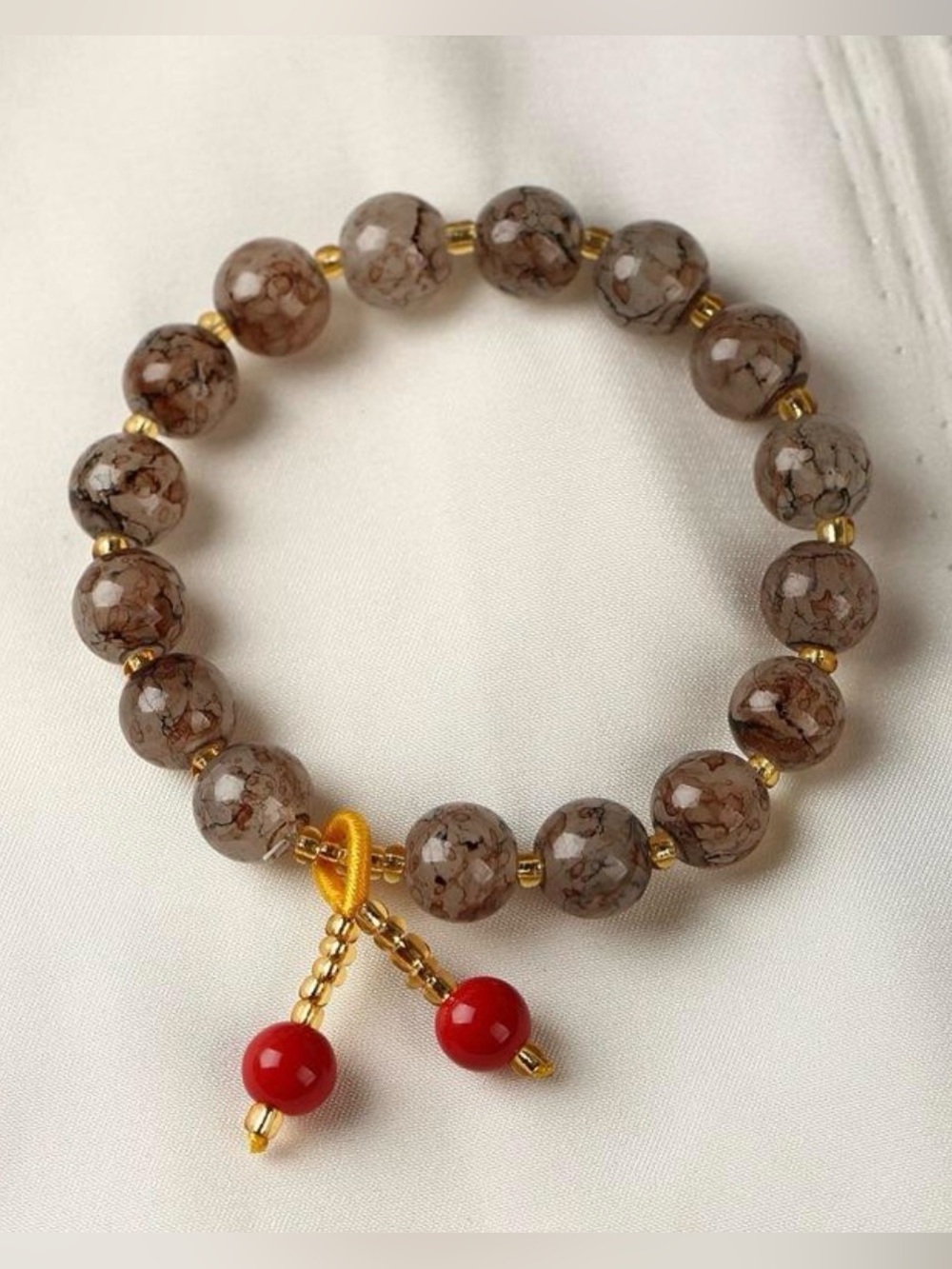 Green & Brown Dragon Vein Agate-Style Beaded Stretch Bracelet w/Red Dangle Charm